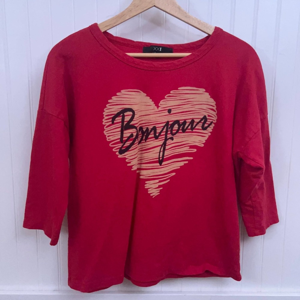Forever 21 Valentine's Sweater Red Heart Bonjour Graphic Pullover Women's L Cute